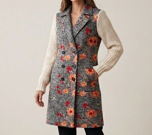 Endless Rose Embroidered Floral Tweed Duster Coat Sz S Knit Sleeves Boho Grandma